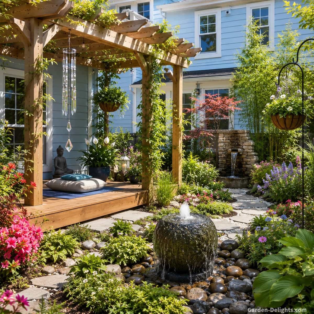 Peaceful Zen meditation fountain backyard retreat with a bubbling rock fountain, crystal wind chimes, meditation cushion, cedar pergola, colorful garden flowers and a light blue home creating a calming mindfulness space for stress relief, relaxation, reflection and peaceful outdoor living.