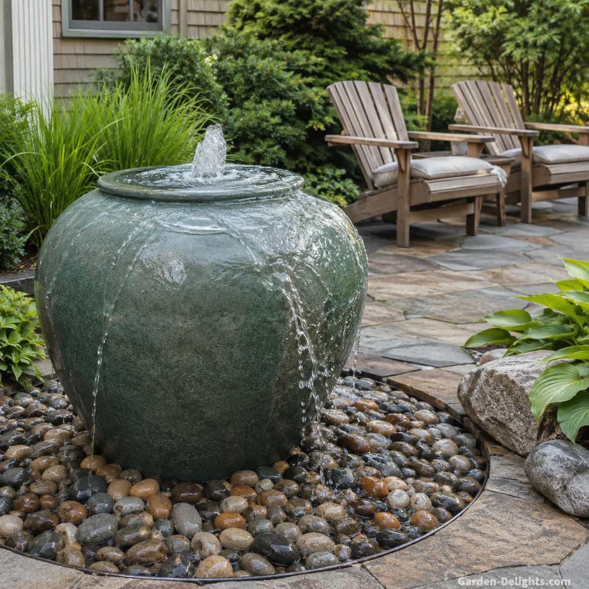 Outdoor bubbling urn fountain with adjustable water flow showing a controlled top bubble, water spreading across the urn shoulder and returning onto decorative stone above a hidden reservoir