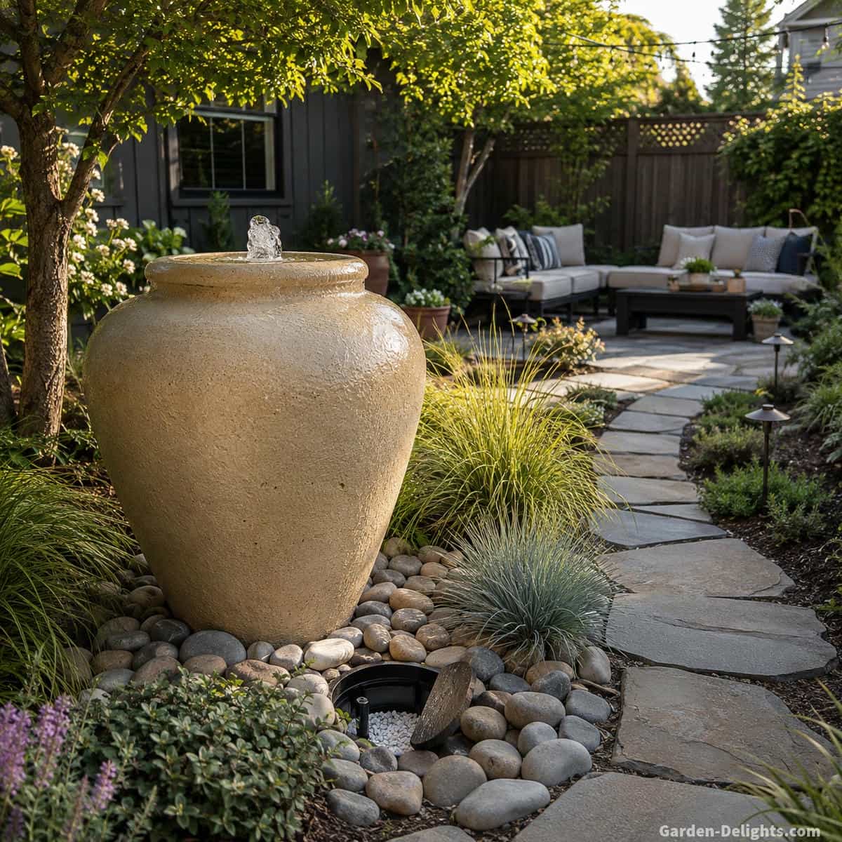 Landscaped patio with a bubbling urn water fountain, balanced open space, stone path, ornamental grasses and easy access around the hidden water basin