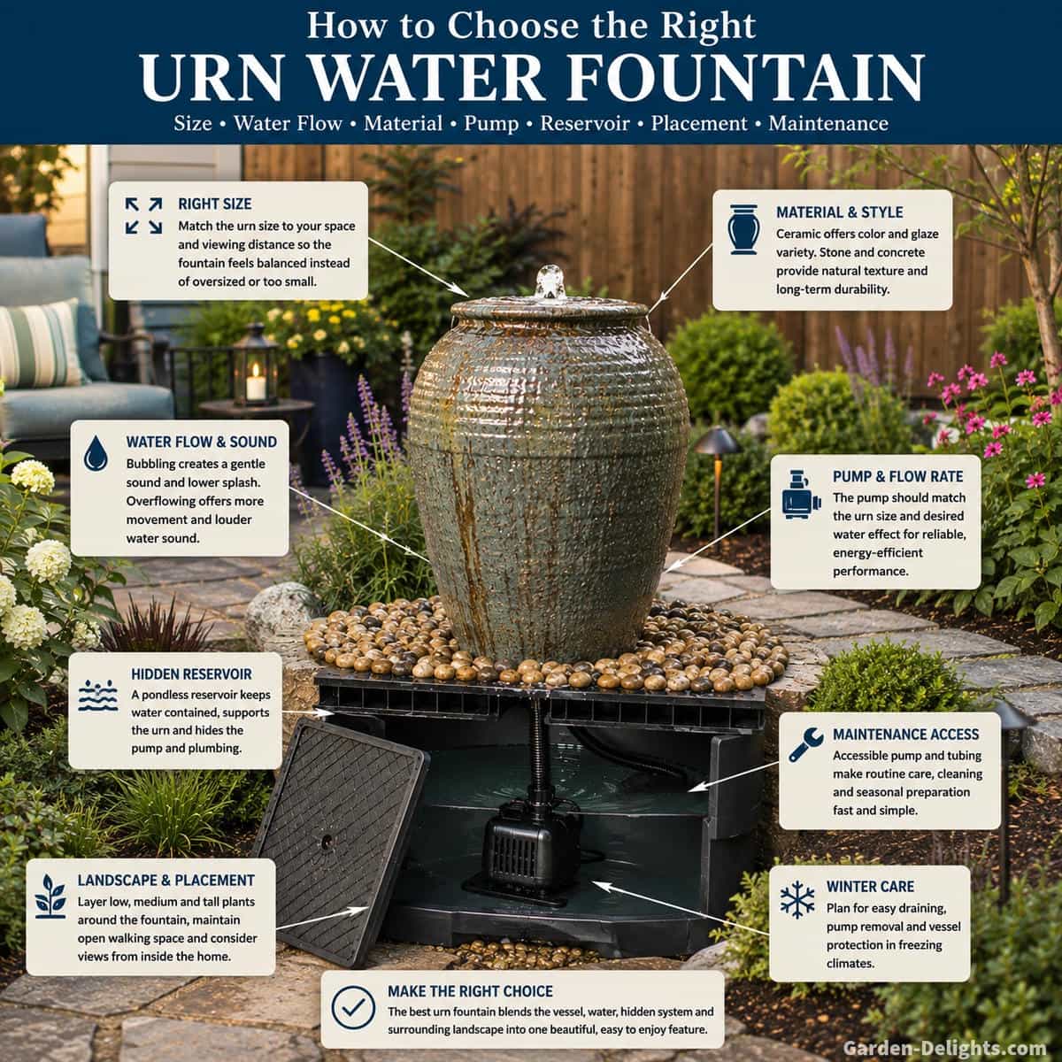 Well chosen outdoor urn water fountain in a landscaped backyard showing balanced vessel size, bubbling water, decorative stone, hidden reservoir area, open walking space, layered plants and practical maintenance access