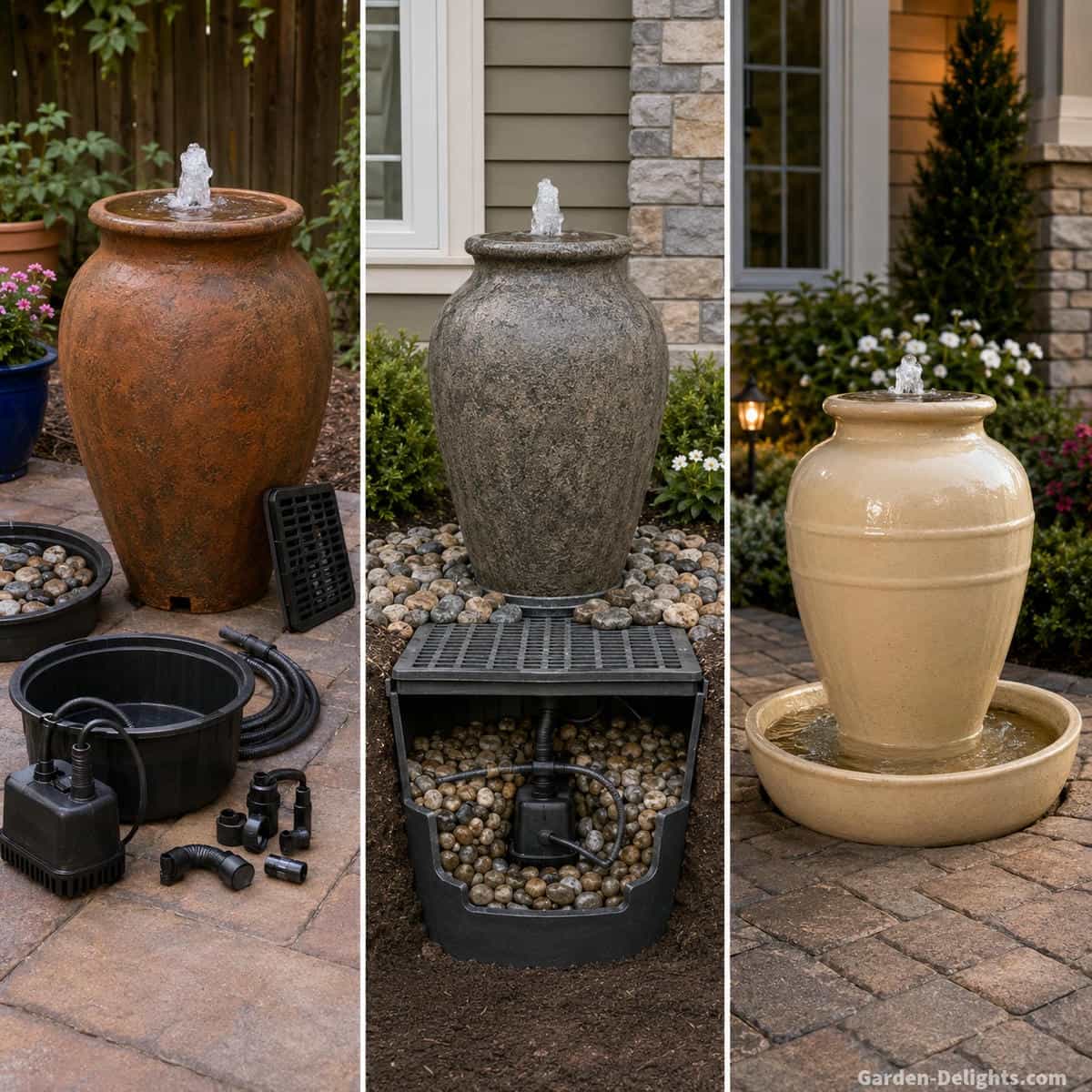 DIY urn fountain, complete pondless urn fountain kit and ready-made outdoor urn water feature shown with decorative vessels, pumps, tubing, hidden reservoirs and finished garden installations for homeowner comparison
