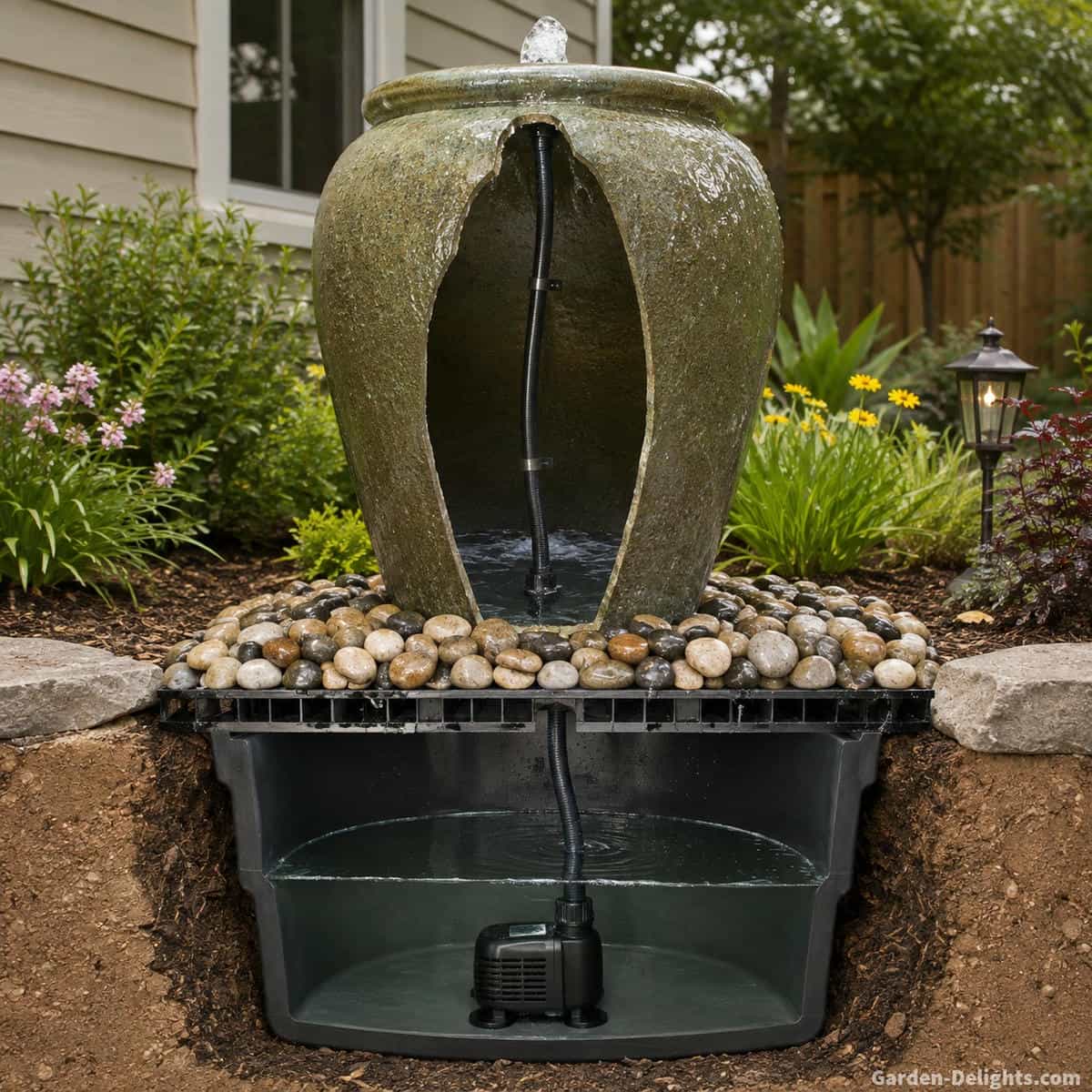 Cutaway of a bubbling urn water fountain showing water flowing from the top outlet, tubing inside the urn, decorative stone, structural grate, hidden reservoir and submersible pump recirculating water below