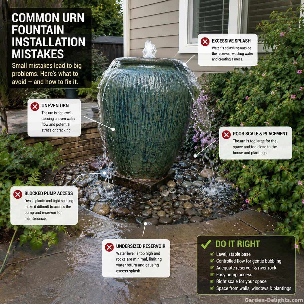 Outdoor urn water fountain showing common installation mistakes including an uneven vessel, excessive splash outside the hidden reservoir, blocked pump access, poor landscape scale and dense plants covering the maintenance area