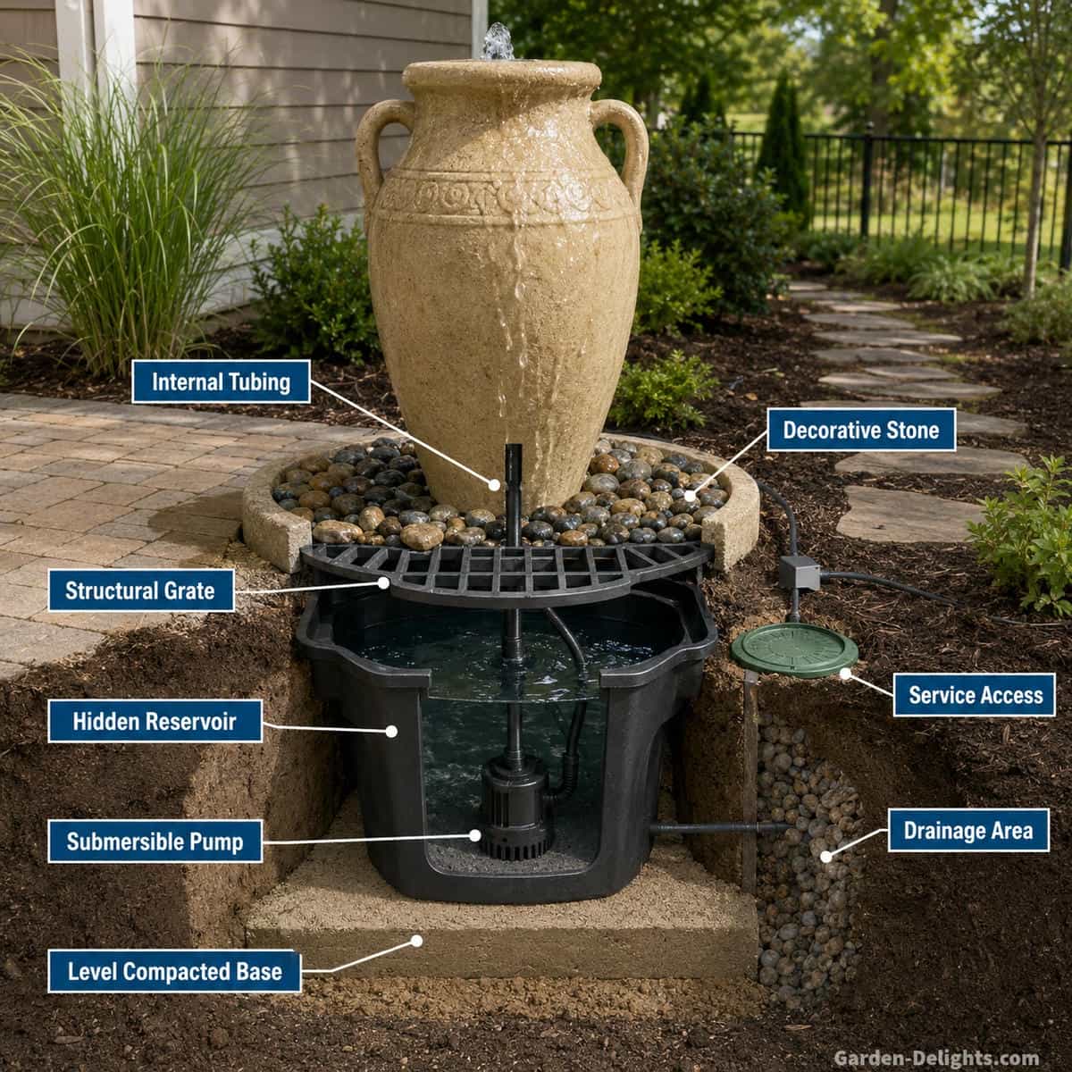 Urn water fountain installation cutaway showing a level compacted foundation, hidden reservoir, structural support grate, submersible pump, internal tubing, decorative stone, drainage area and accessible pump service opening
