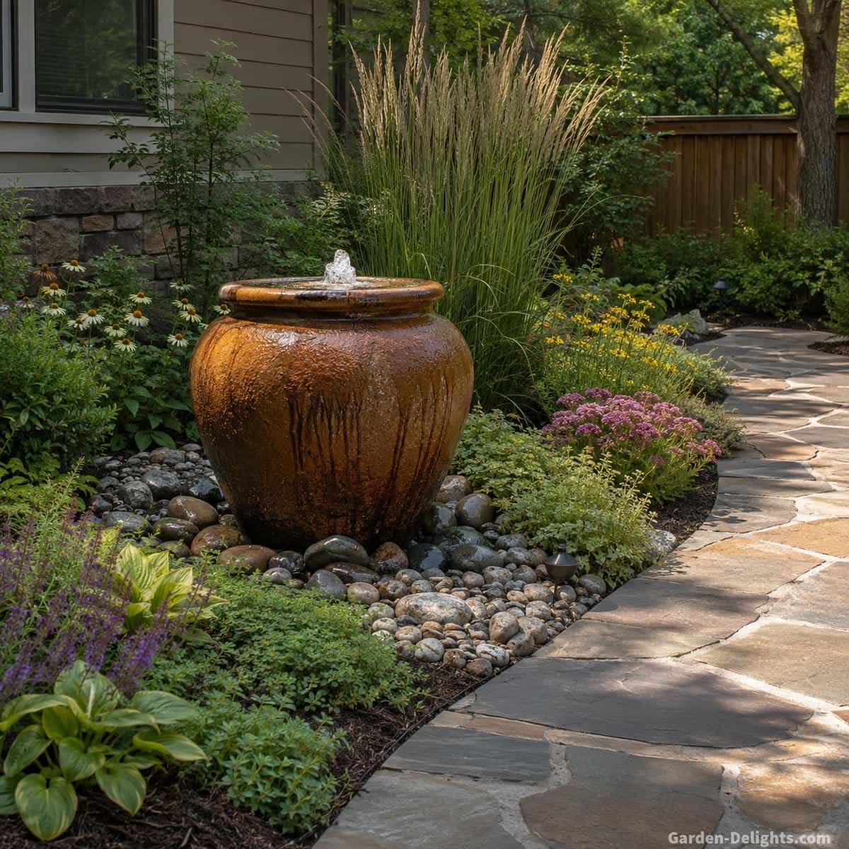 Outdoor urn water fountain framed by low groundcovers, flowering perennials, ornamental grasses, decorative stone and a garden path with open space around the vessel