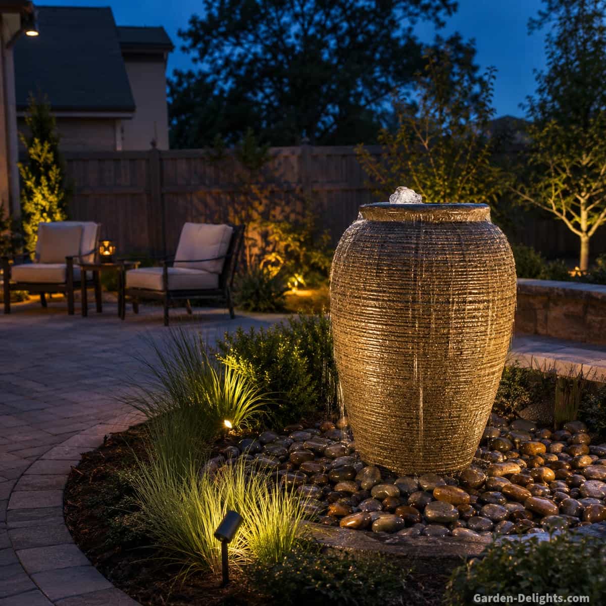 Outdoor urn water fountain at dusk with warm landscape lighting highlighting flowing water, textured vessel surfaces, decorative stone and restrained garden planting without glare toward nearby seating