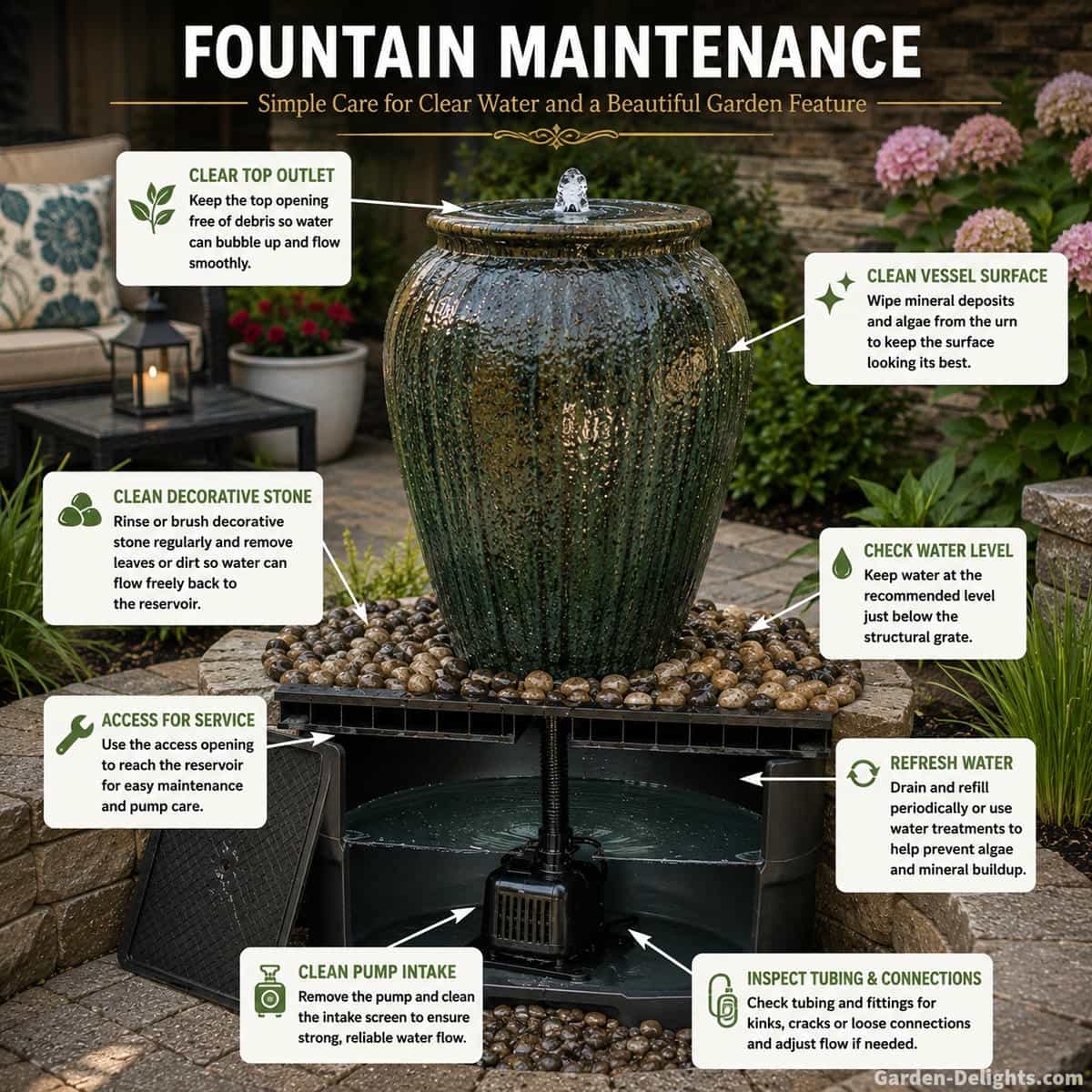 Outdoor urn water fountain being maintained with clean flowing water, clear top outlet, accessible hidden reservoir, decorative stone free of leaves and a clean pump intake in a landscaped garden