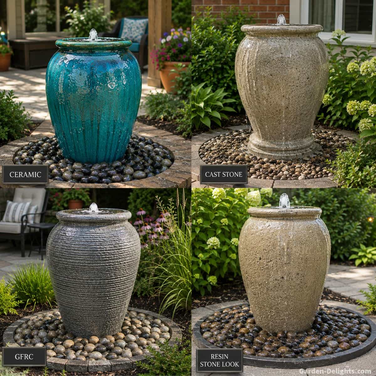 Outdoor urn fountain material display with glazed ceramic, cast stone, textured GFRC and lightweight resin vessels surrounded by realistic garden landscaping