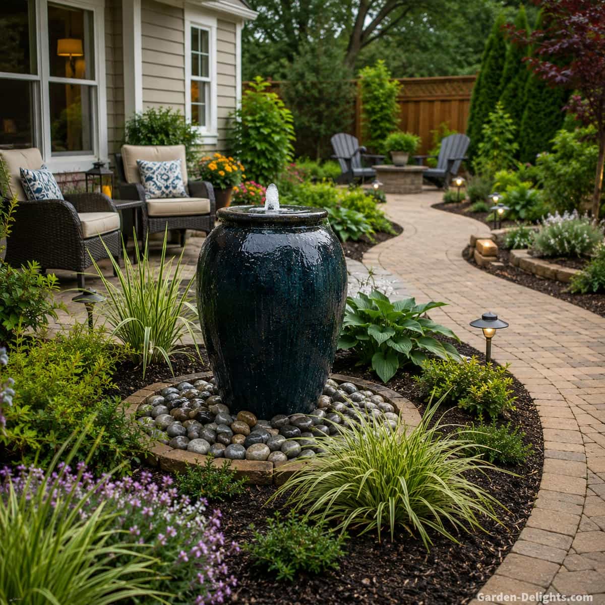 Outdoor urn fountain beside a patio and curved garden path with open sightlines, restrained planting, comfortable walking clearance and controlled splash space