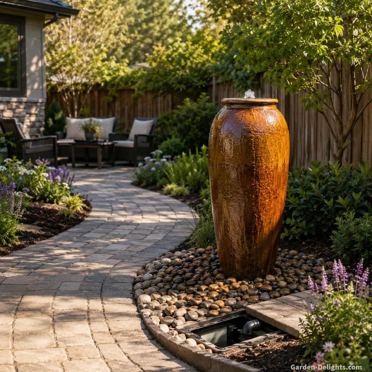 Tall warm glazed urn fountain beside a curved backyard garden path with clear walking space, visible patio seating, low flowering plants, decorative stone catch area and open service access around the hidden reservoir