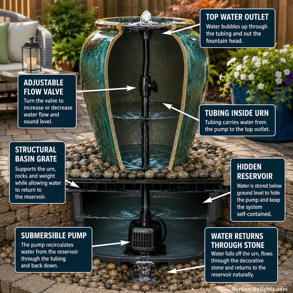 Cutaway pondless urn fountain showing submersible pump, hidden reservoir, tubing, flow valve, support grate, decorative stone and water returning from the vessel