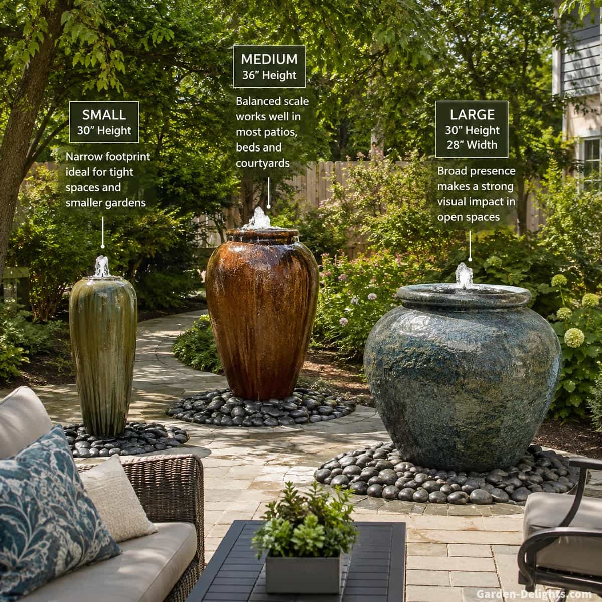 Three outdoor urn water fountains in different proportions beside patio seating and a garden path showing height, body width, visual mass and surrounding landscape scale