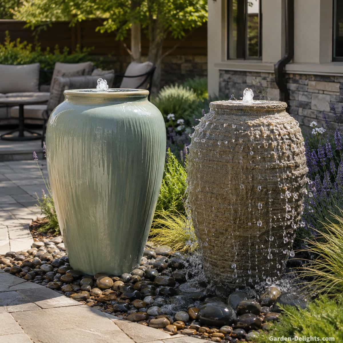 Glazed ceramic urn with smooth sheet flow beside a textured stone look urn with broken rivulets and water drops landing on decorative rock