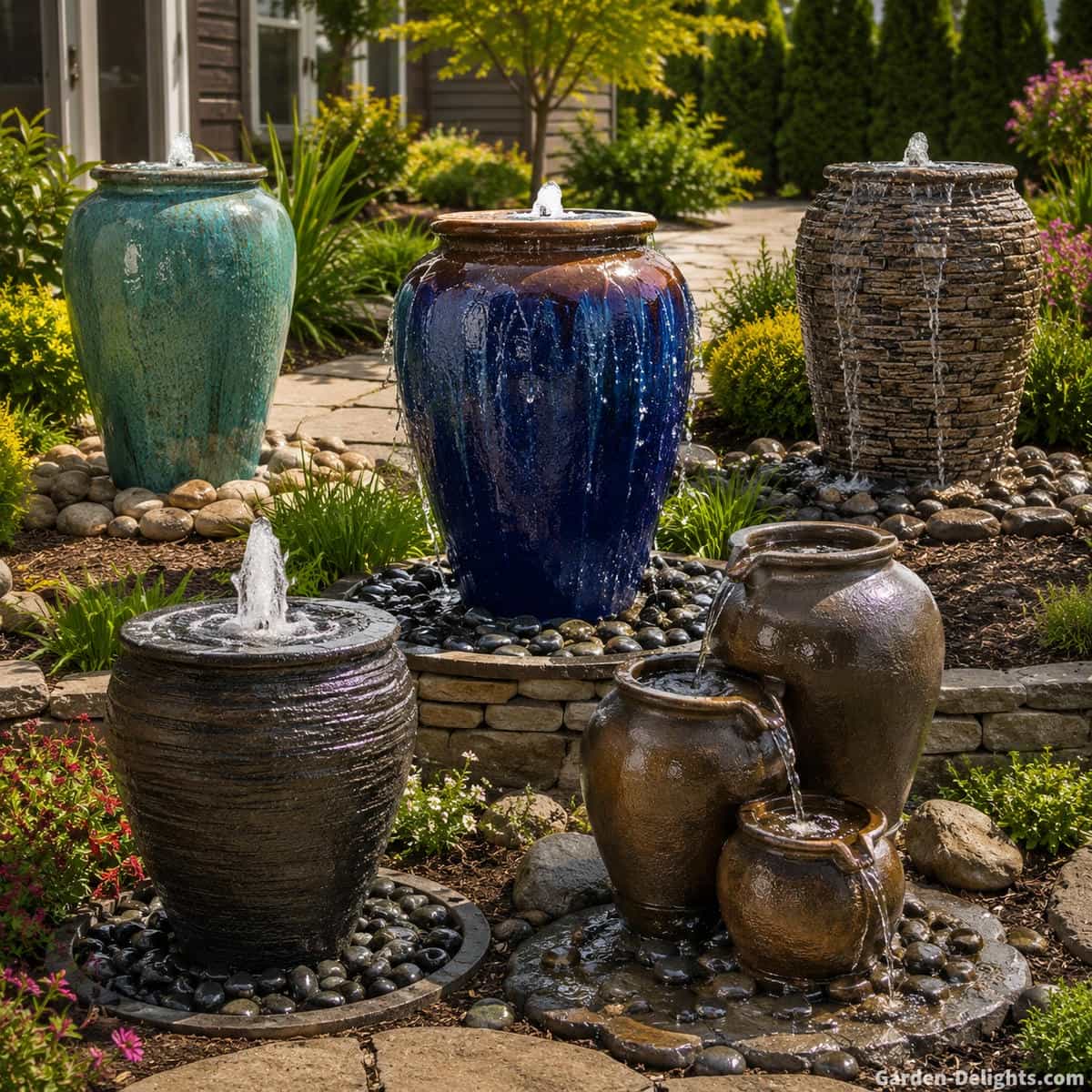 Collection of outdoor urn fountains showing gentle bubbling water, smooth overflow, textured trickles, cascading vessels and a taller spouting water feature