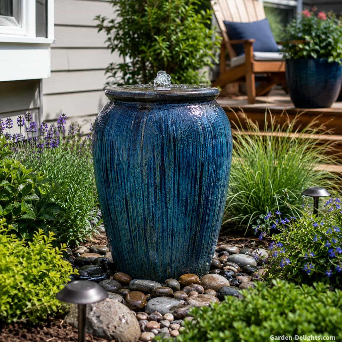 Large textured urn water fountain viewed from farther across a residential backyard with patio, garden path, restrained ornamental grasses and shrubs showing realistic viewing distance and balanced landscape scale