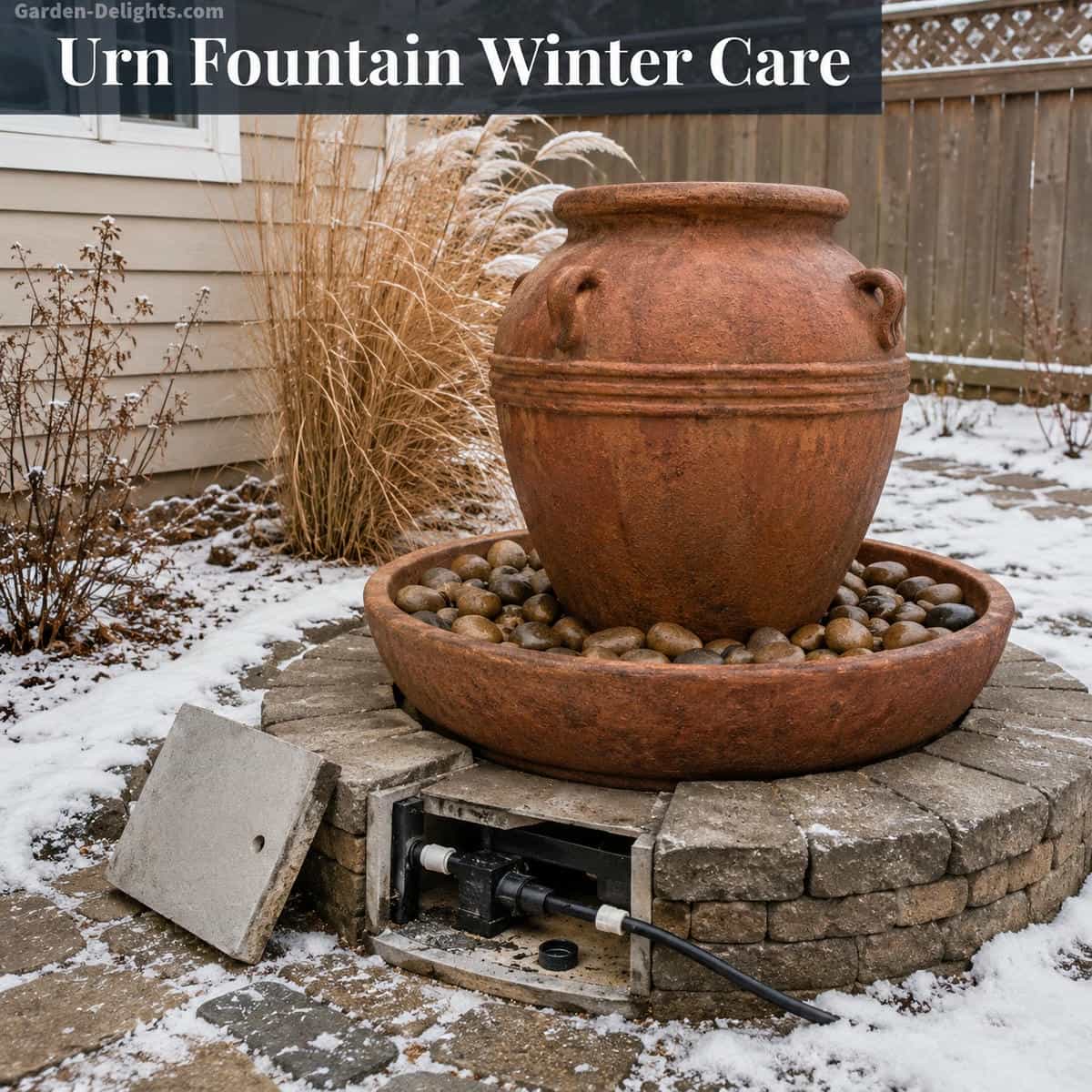 Outdoor urn water fountain prepared for winter with drained vessel, dry decorative stone, protected pump access, covered tubing and surrounding snow showing cold climate freeze thaw protection