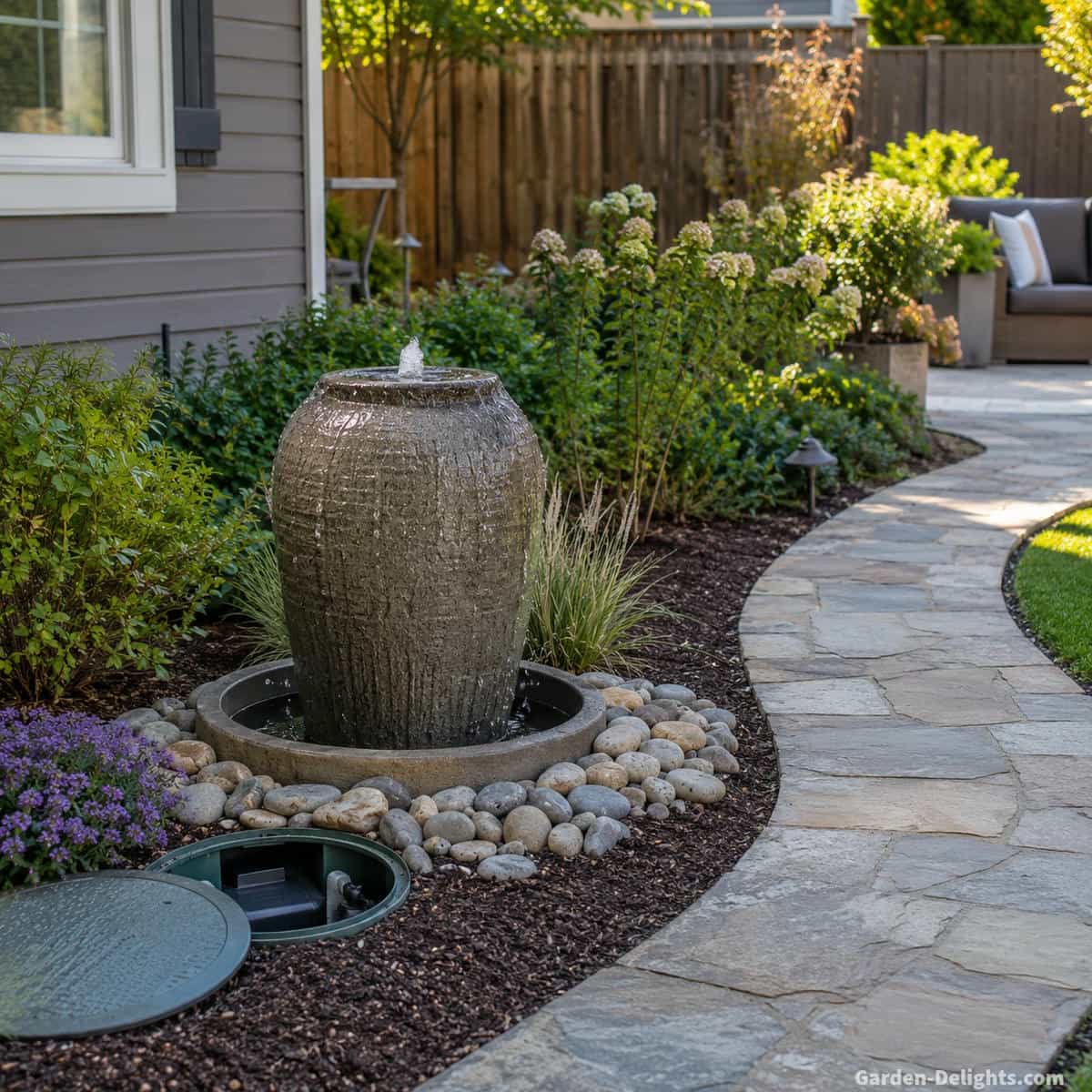 Textured stone look urn water fountain with gentle overflowing water positioned beside a curved garden path, restrained flowering plants, ornamental grasses and decorative stone with clear pump maintenance access