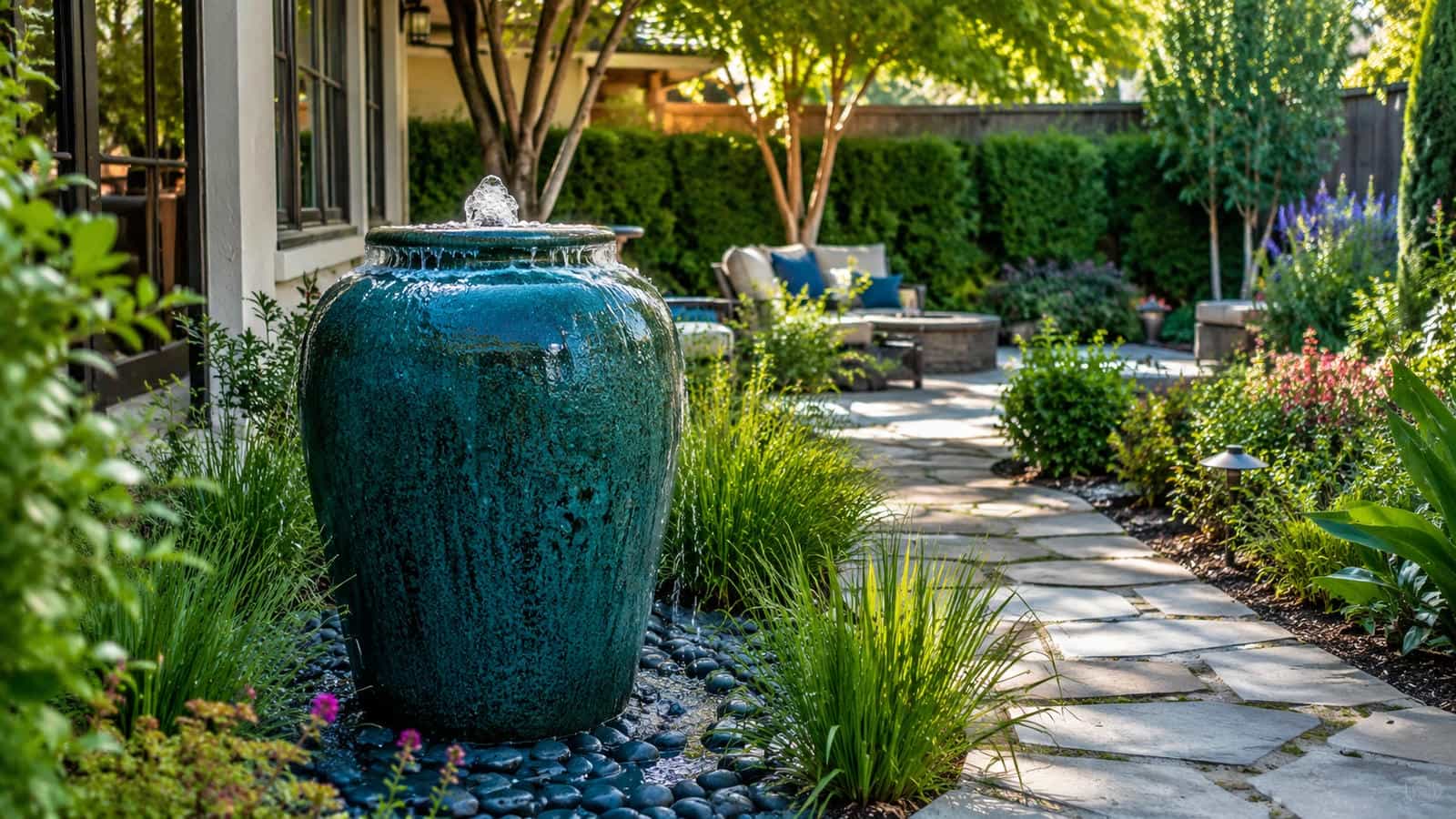 Large glazed urn water fountain with controlled overflowing water in a landscaped backyard garden beside a patio, stone path, ornamental grasses, flowering plants and restrained shrubs