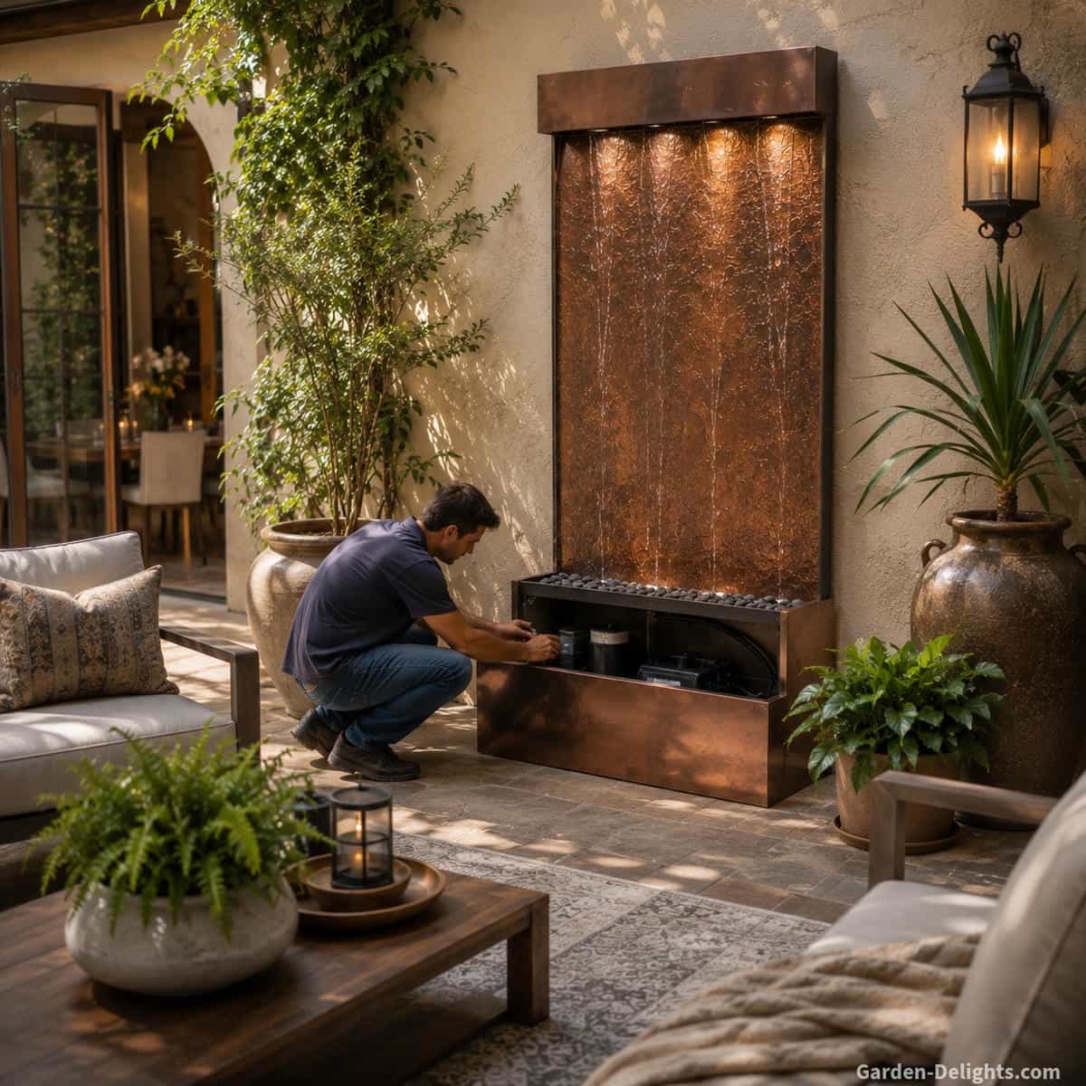 Modern copper wall fountain with the lower reservoir panel open while pump flow, water level and tubing are adjusted in a Mediterranean-style indoor courtyard