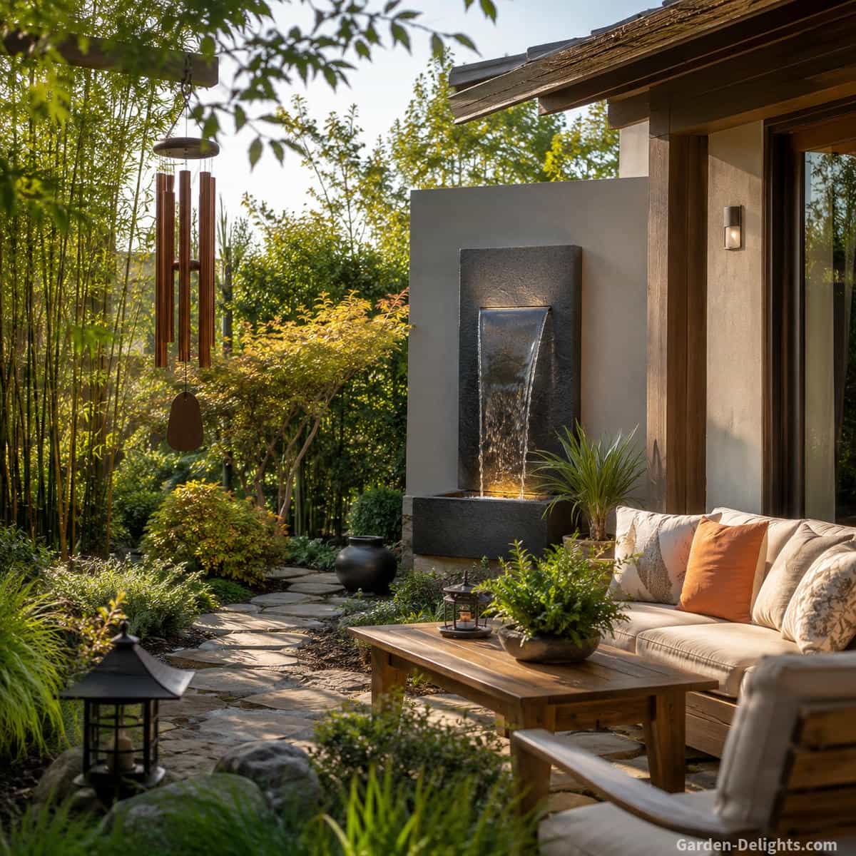 Modern slate wall water fountain creating a relaxing architectural focal point in a landscaped courtyard with comfortable seating, curved pathways, ornamental grasses and warm natural daylight