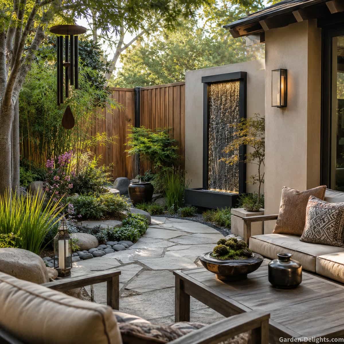 Tall framed slate wall water fountain installed on a modern living room feature wall with balanced seating, warm accent lighting, indoor plants and clear reservoir access
