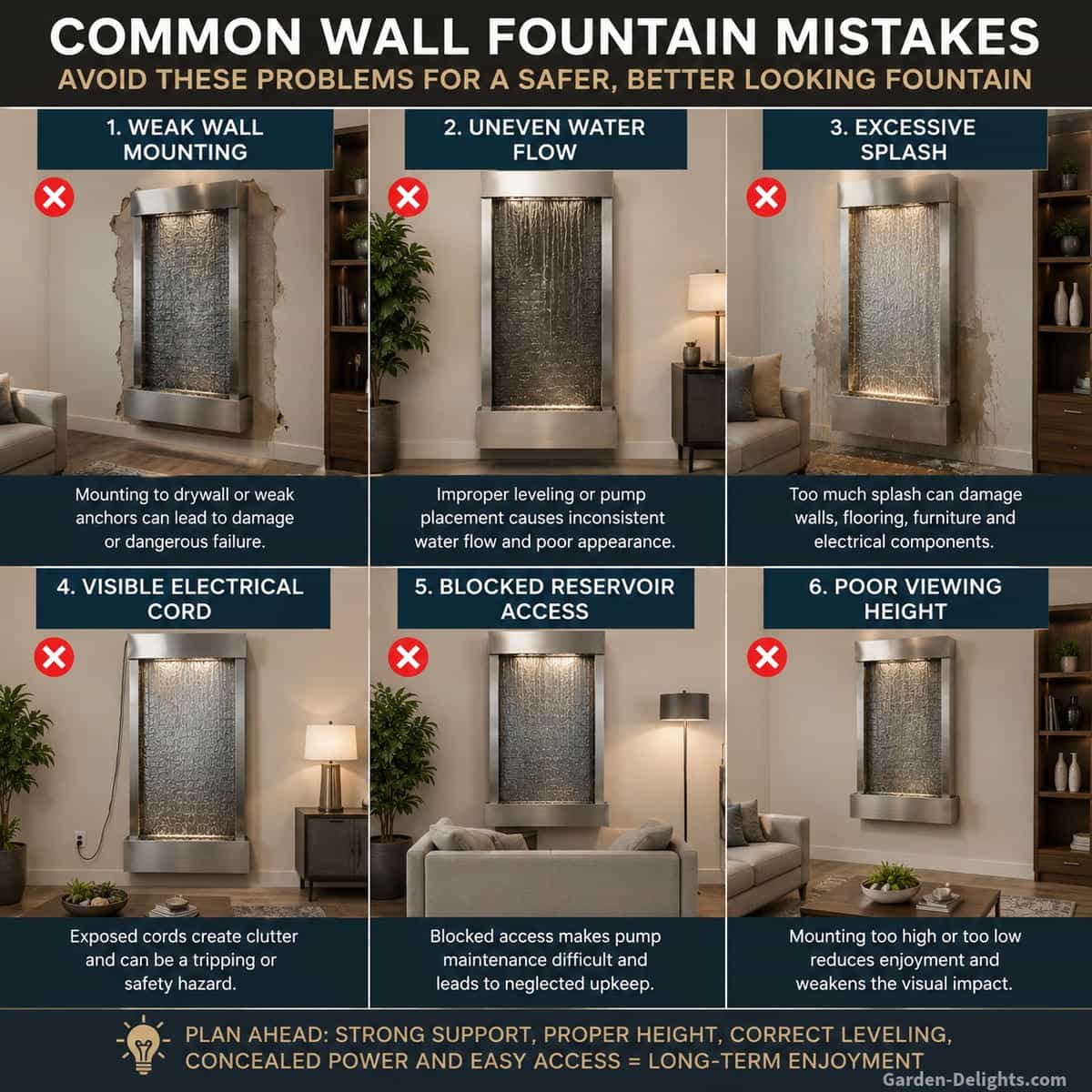 Modern living room wall fountain showing common installation mistakes including weak drywall mounting, uneven water flow, excessive splash, visible electrical cord, blocked reservoir access and poor viewing height