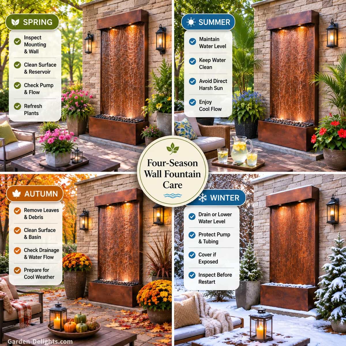 Four-season outdoor wall fountain maintenance infographic showing spring mounting inspection, summer water-level care, autumn debris removal and winter drainage on a copper fountain mounted to a brick courtyard wall