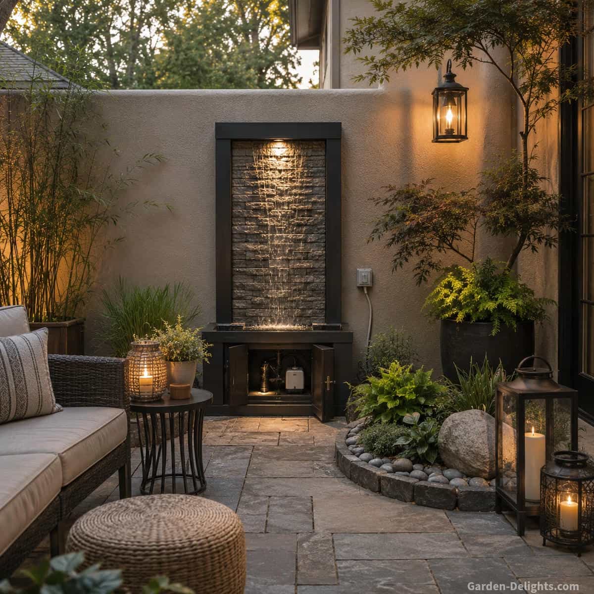 Durable stacked stone wall fountain on a covered courtyard wall with accessible lower reservoir, protected power connection, balanced seating, mature plants and clear maintenance space