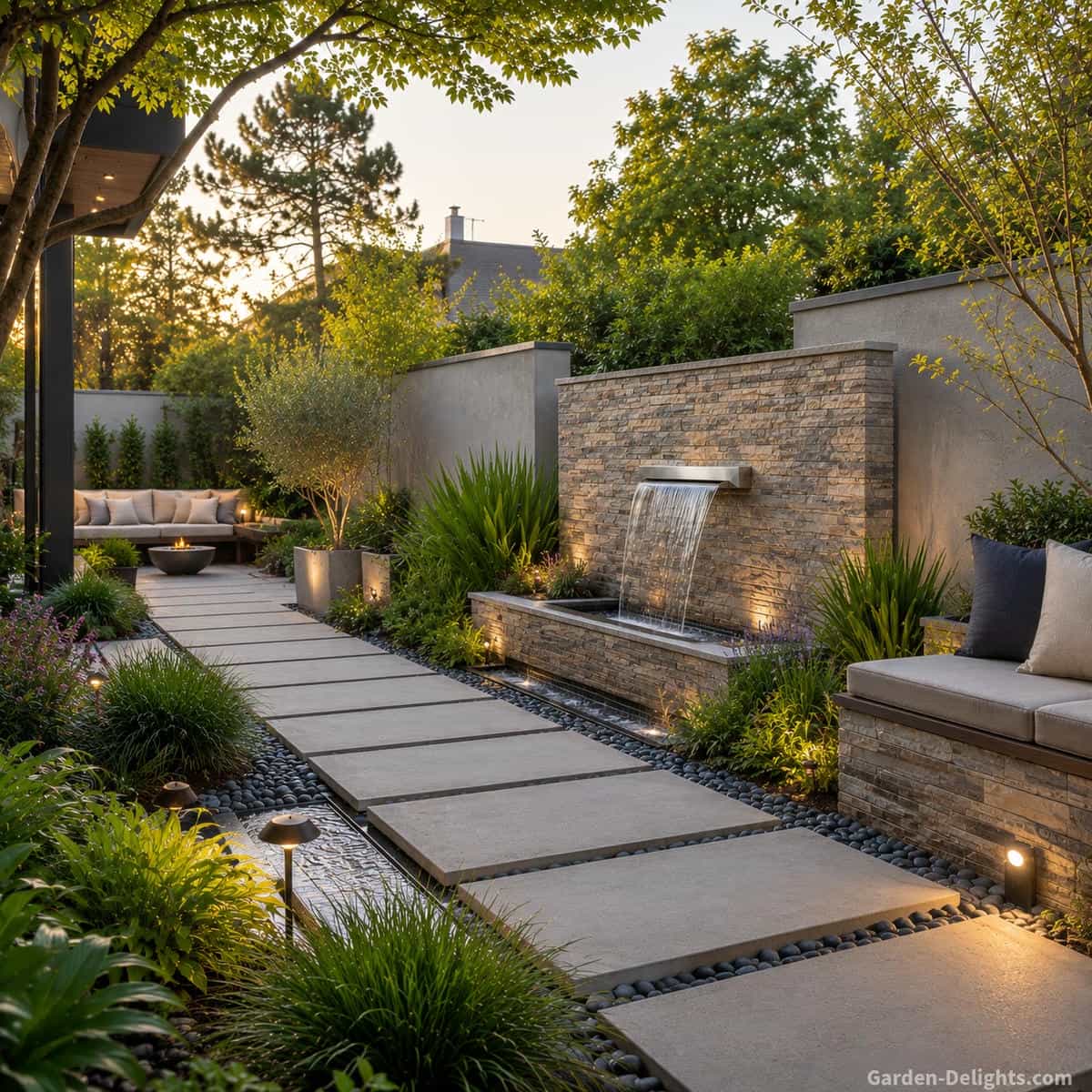 Modern outdoor courtyard featuring a long stacked stone wall water fountain, floating concrete stepping stones, built in stone seating, ornamental grasses, layered landscaping, stainless steel waterfall spillway and warm natural afternoon sunlight creating a peaceful backyard retreat