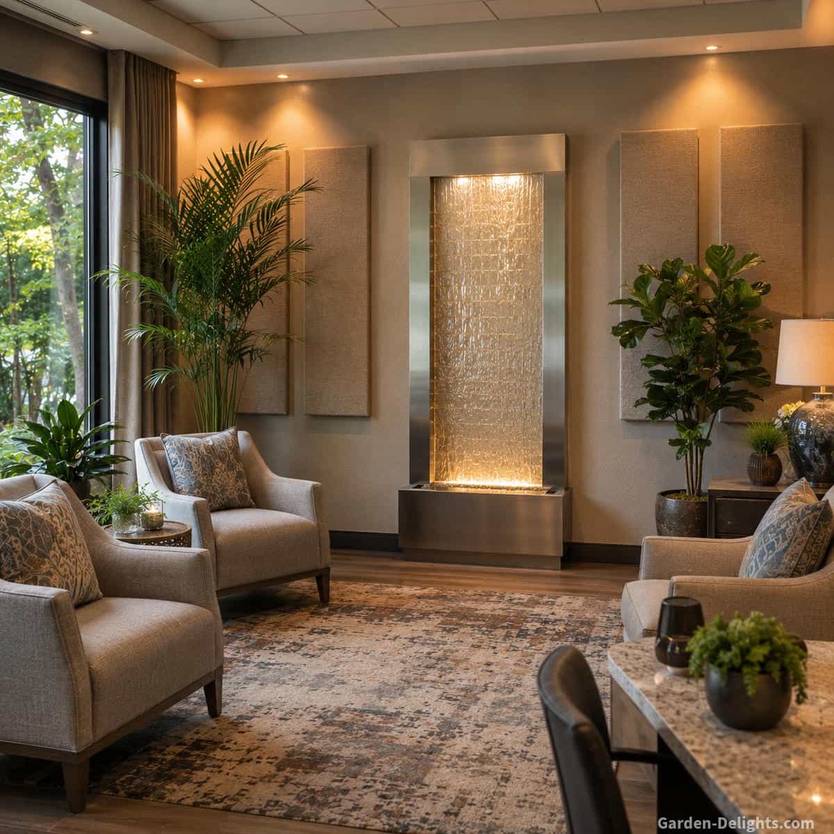 Contemporary glass wall fountain in a professional waiting room with upholstered chairs, area rug, acoustic wall panels, indoor plants and a moderate ceiling height