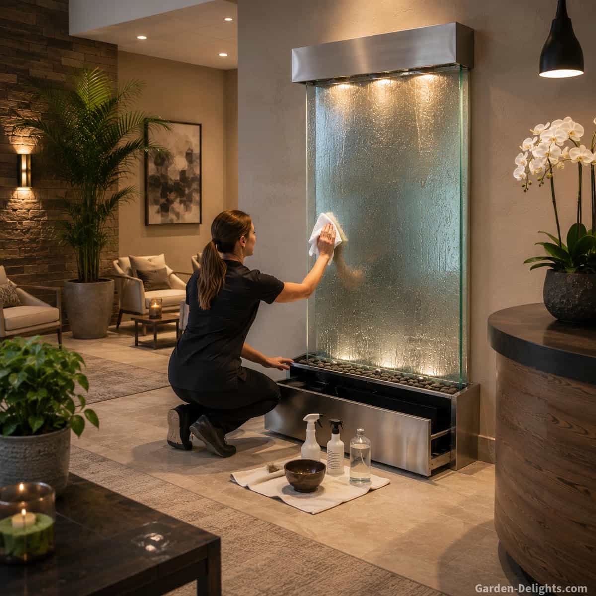 Careful cleaning of a tempered glass wall water fountain in a modern spa reception area with mineral spots being removed from the water panel and lower reservoir
