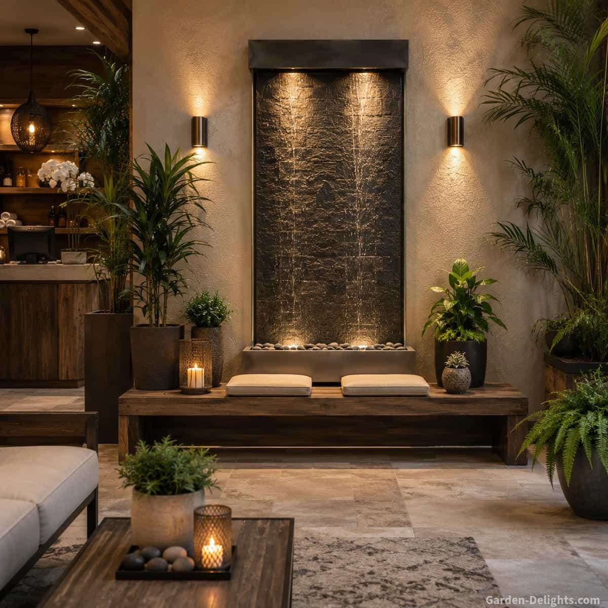 Tall natural slate wall water fountain framed by a low wood bench, restrained indoor plants, warm accent lighting, neutral stone flooring and open maintenance space in a peaceful spa inspired room