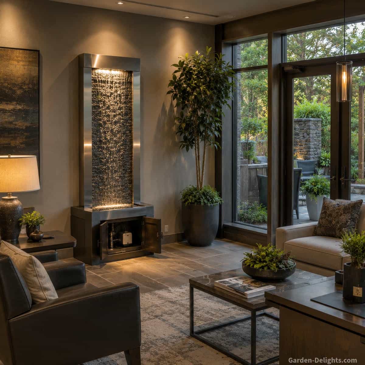 Modern stainless steel wall water fountain in an executive office positioned across from comfortable visitor chairs with clear sightlines, open walking routes, warm accent lighting and accessible lower reservoir