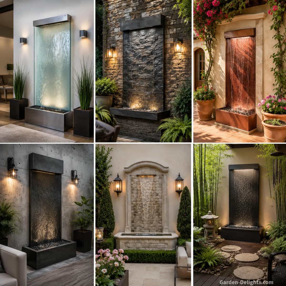 Wall water fountain styles comparing modern glass, rustic slate, Mediterranean copper, industrial metal, traditional stone and Zen inspired water features in coordinated home and courtyard designs