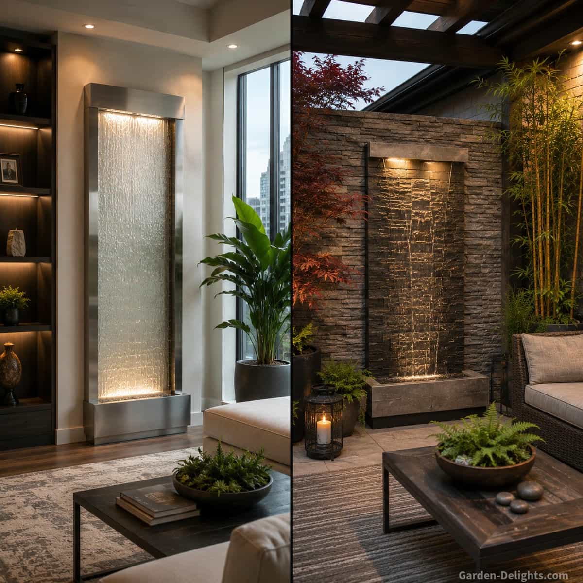 Side by side comparison of a glass indoor wall fountain in a climate controlled living room and a weather resistant stacked stone fountain in a covered outdoor courtyard