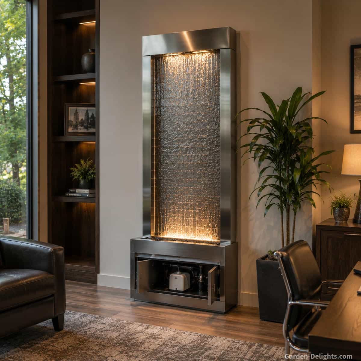 Modern wall water fountain installation showing secure mounting support, concealed electrical access, level frame, reachable lower reservoir and open pump maintenance panel