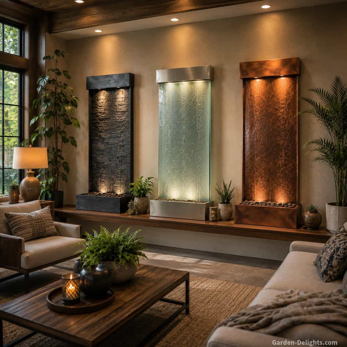 Interior design comparison of proportionate slate, tempered glass and copper wall water fountains with integrated lighting, neutral seating, wood furniture and balanced indoor plants
