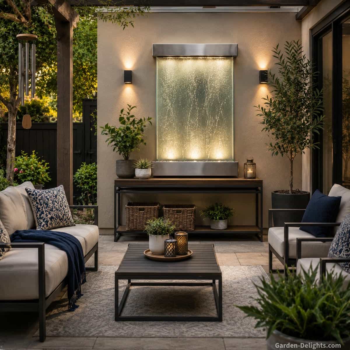 Proportionate modern glass wall fountain centred above a narrow console in a medium living room with balanced seating, open wall space, warm lighting and clear walking routes
