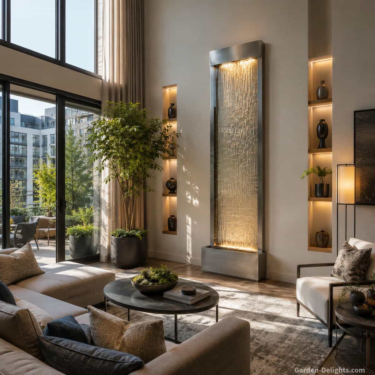 Tall glass wall water fountain correctly scaled for a modern luxury condo living room with high ceilings, low-profile sofa, area rug, indoor plant and clear maintenance access