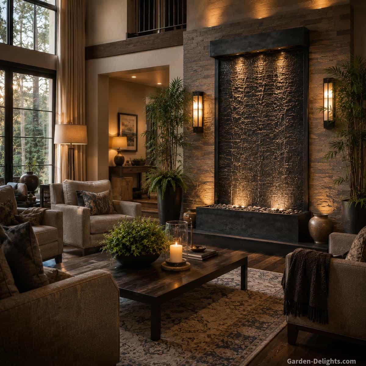 Large textured slate wall water fountain producing layered water sound in a high ceiling living room with upholstered chairs, area rug, indoor plants and warm architectural lighting