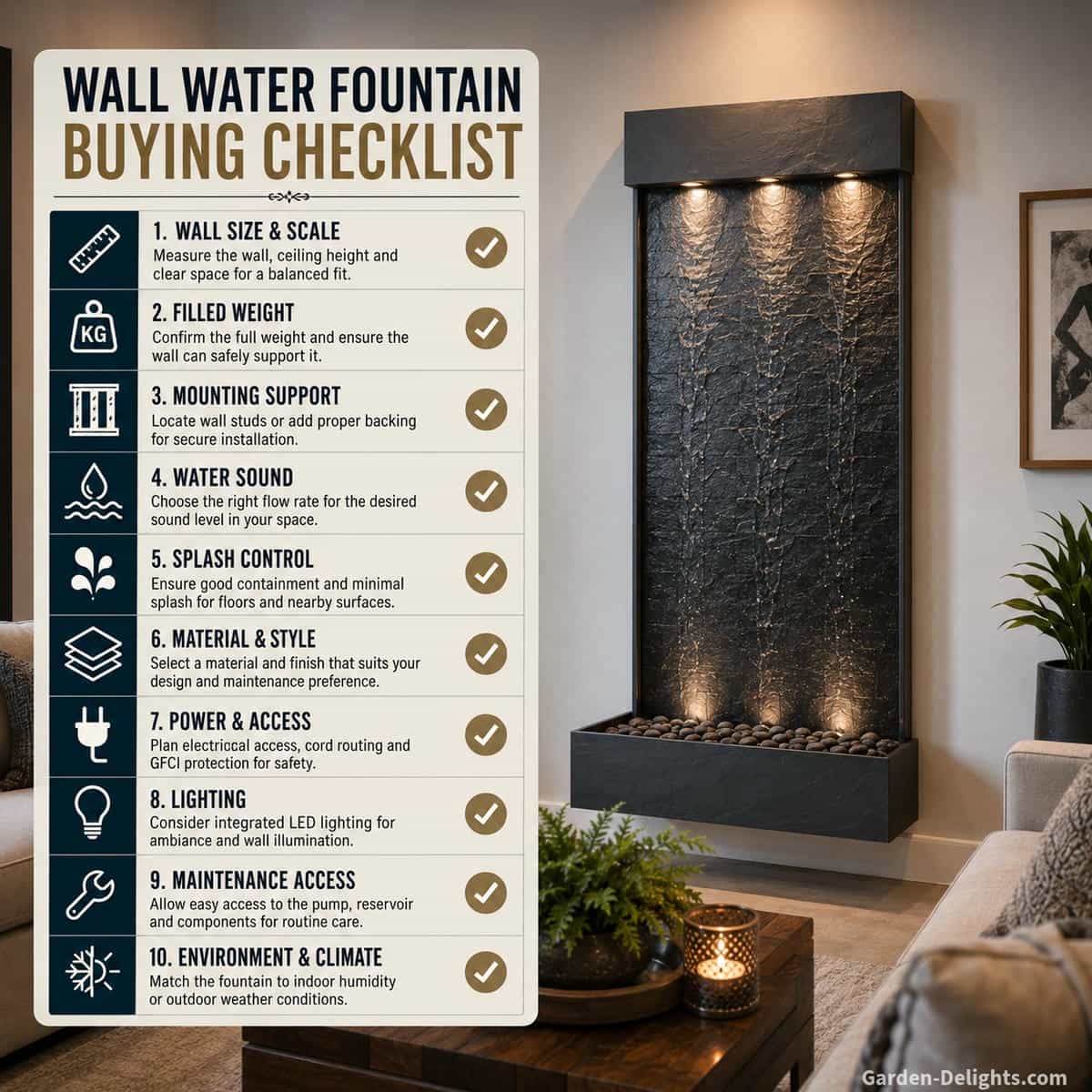 Professional wall water fountain buying checklist beside a modern slate waterfall covering wall size, filled weight, mounting support, water sound, splash control, power, lighting and maintenance access