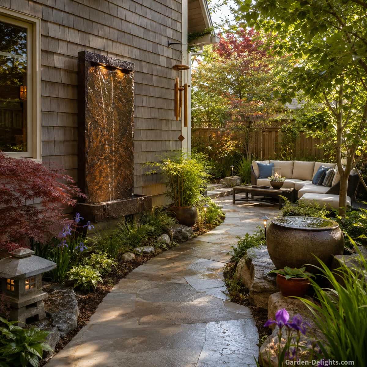 Interior design display comparing a natural slate wall fountain, modern glass waterfall and copper wall water feature on separate architectural walls with seating, plants and warm lighting
