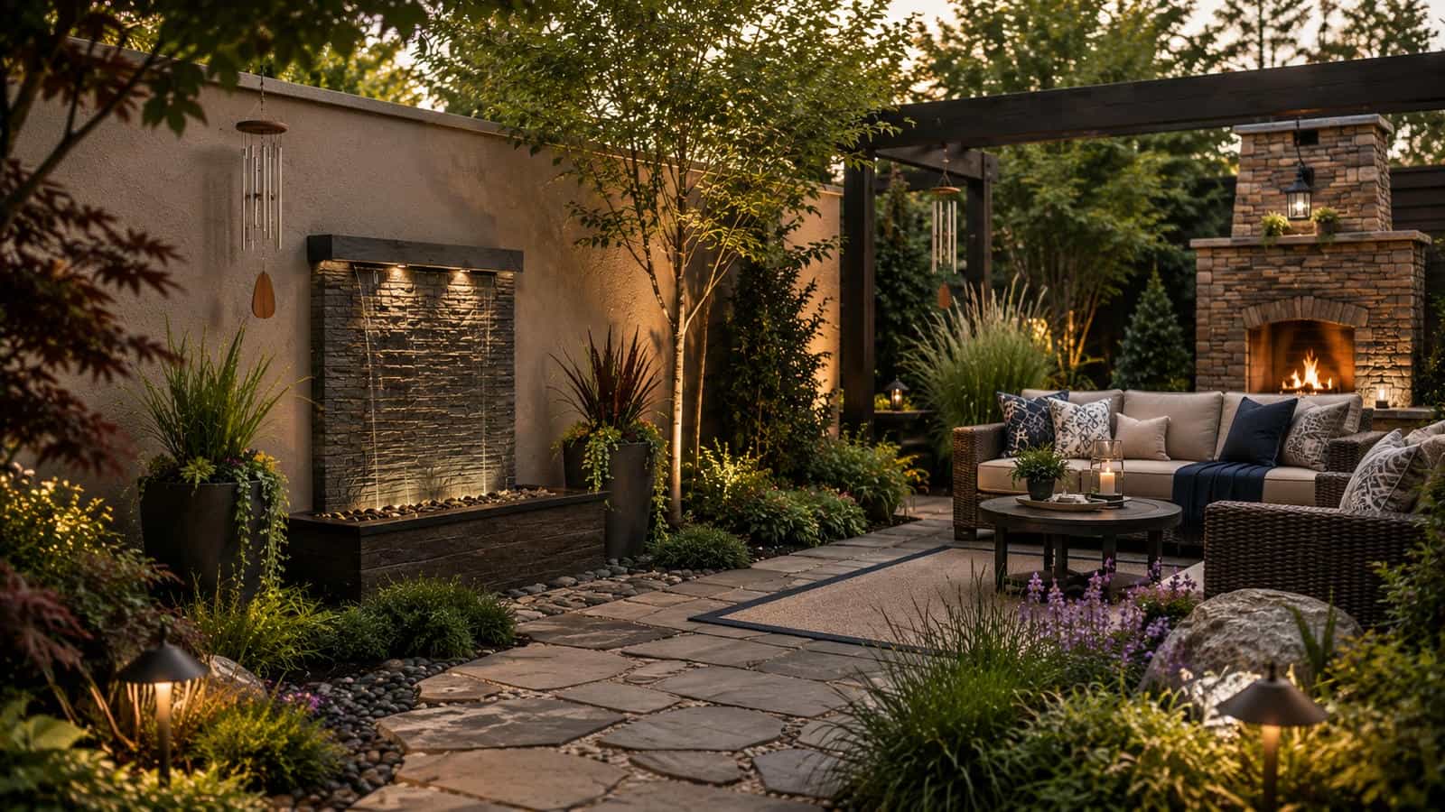 Large modern slate wall water fountain creating an architectural focal point in an elegant living room with neutral seating, warm accent lighting, natural wood furniture, indoor plants and clear floor space