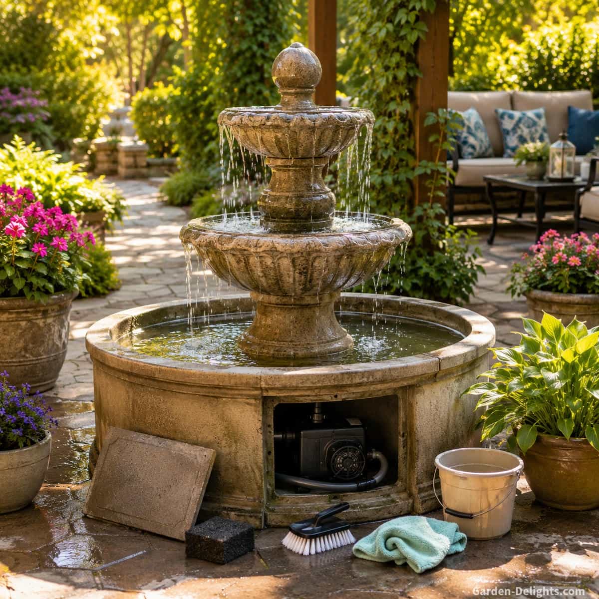 Best water fountain maintenance routine in a backyard patio garden showing a clean outdoor fountain with clear flowing water, visible pump access, basin cleaning tools, potted plants, patio seating, garden pathway and soft sunlight for fountain cleaning, pump care, algae prevention, hard water control and seasonal fountain maintenance.