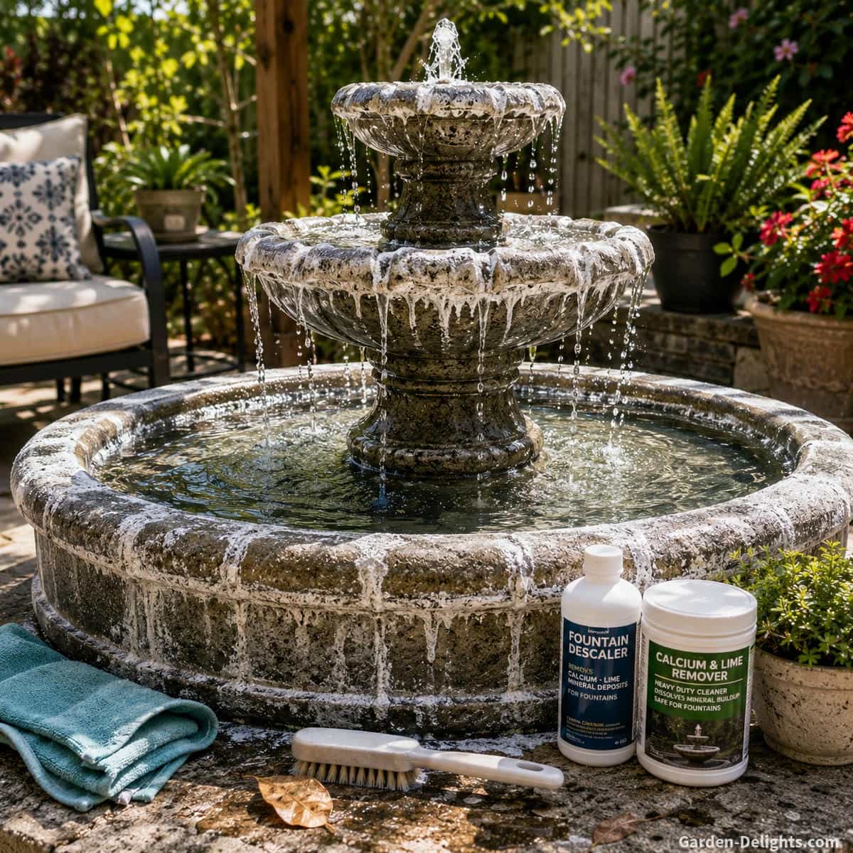 Hard water stains and mineral buildup on an outdoor water fountain in a backyard patio garden showing white calcium deposits around the basin rim, splash zones, spillway edges, cleaning cloth, soft brush, clear water, potted plants and patio seating for fountain stain removal and mineral deposit prevention.