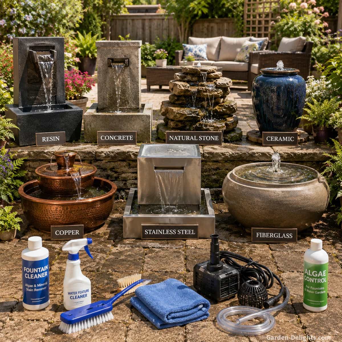 Water fountain maintenance by material in a backyard garden showing resin, concrete, natural stone, ceramic, copper, stainless steel and fiberglass fountains with cleaning tools, clear water, pump access, patio seating, garden plants and seasonal care supplies for algae control, hard water stains, finish protection and winter fountain maintenance.