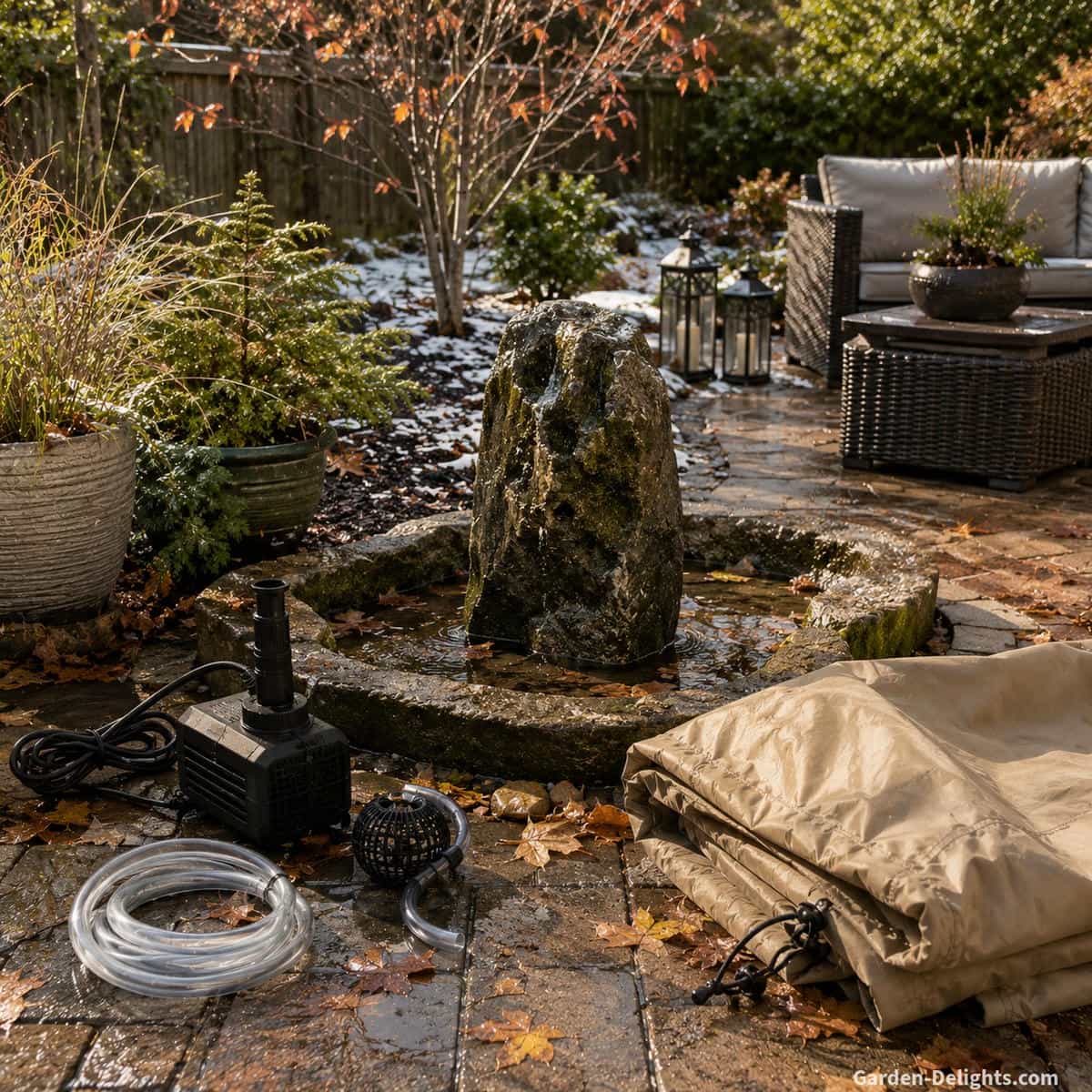 Outdoor fountain winter care in a backyard garden showing a drained water fountain, removed pump, dry basin, protective cover, fallen leaves, patio pavers, garden beds and cold weather preparation for winterizing outdoor fountains, freeze protection, pump storage and seasonal fountain maintenance.