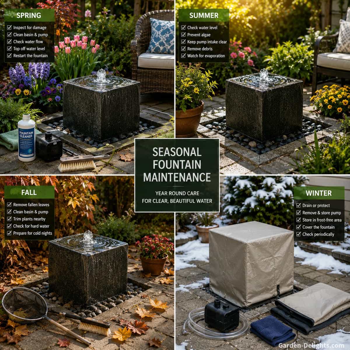 Seasonal fountain maintenance in a backyard garden showing an outdoor water fountain with spring flowers, summer sunlight, fall leaves, winter cover, pump cleaning tools, patio seating and garden pathway for spring fountain startup, summer algae control, fall cleaning and winter fountain protection.