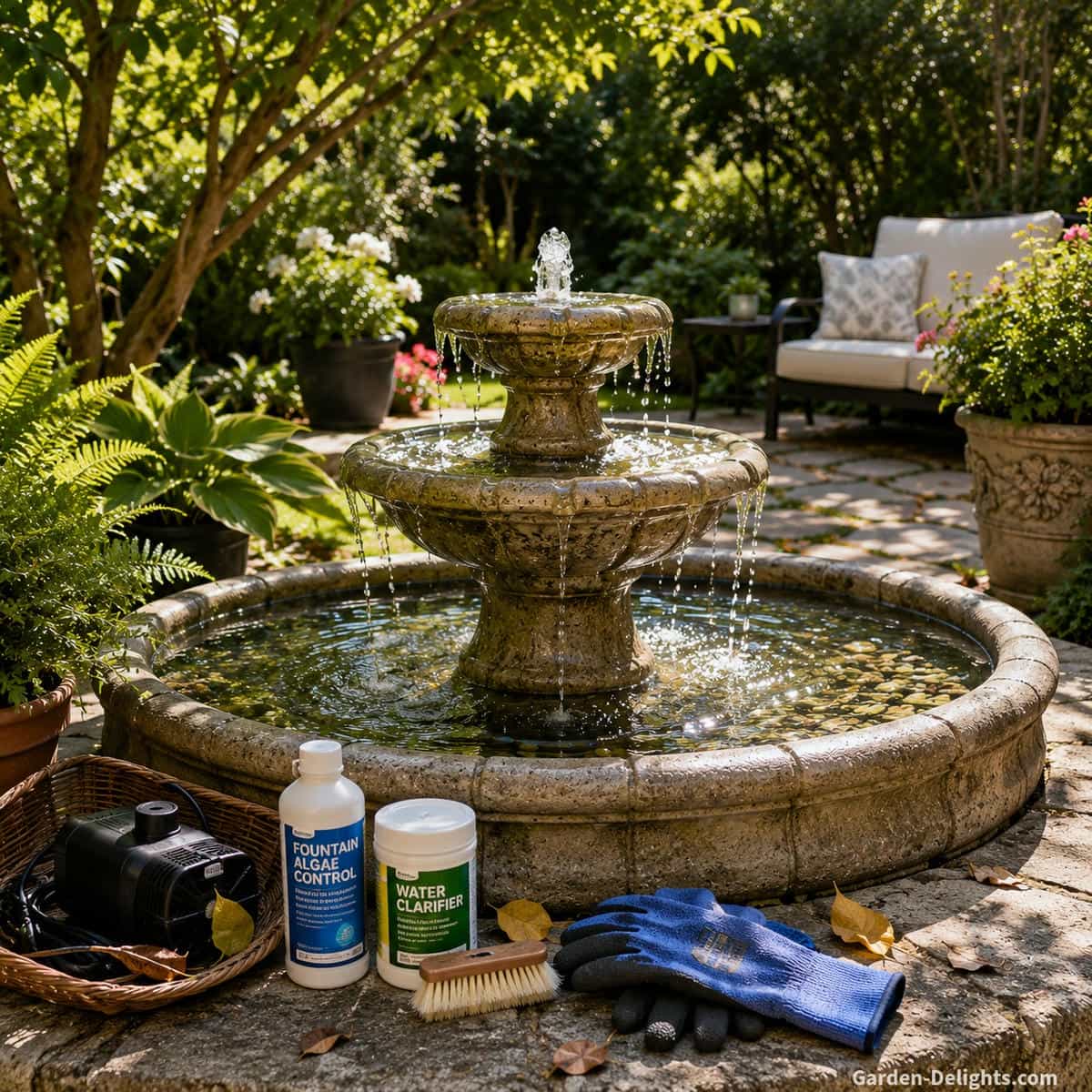Water fountain algae prevention in a sunny backyard garden showing a clean outdoor fountain with clear water, soft brush, shaded planting, pump access, patio seating, garden pathway, fallen leaves and nearby plants for preventing green water, algae buildup, basin slime and fountain pump clogs.