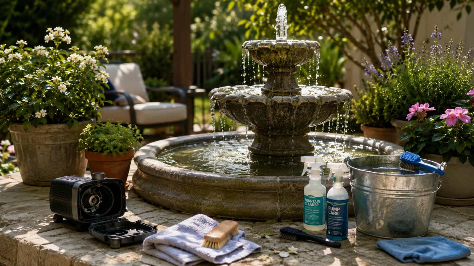Water fountain maintenance guide showing a clean outdoor garden fountain with clear flowing water, visible pump access, cleaning tools, potted plants, patio seating, soft sunlight and a calm backyard setting for fountain cleaning, algae prevention, pump care, hard water stain removal and seasonal fountain maintenance
